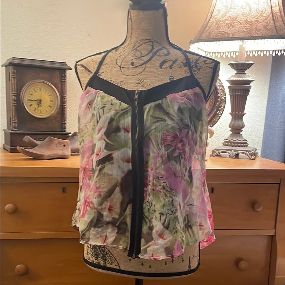 Pink and Purple Floral Crop Camisole with Spaghetti Straps